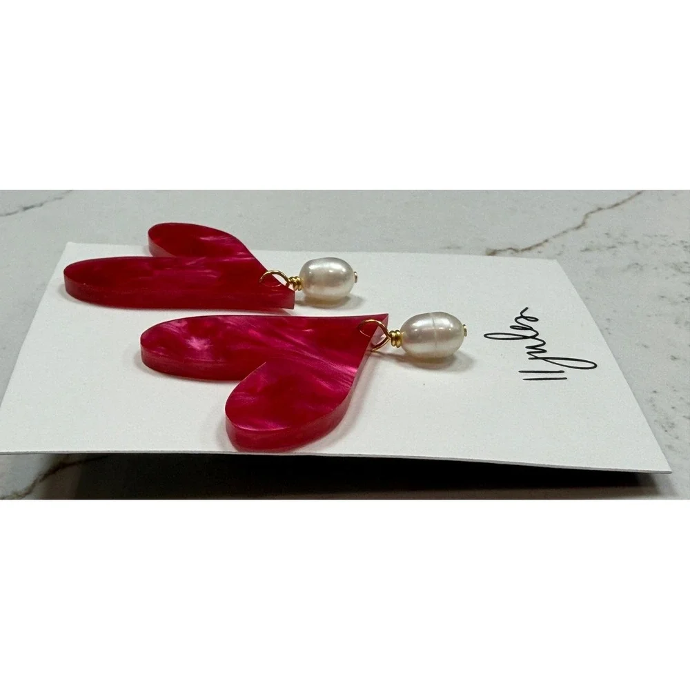 11Jules Hot Pink Marbled Acrylic Heart‎ Earrings with Freshwater Pearl Drops NEW